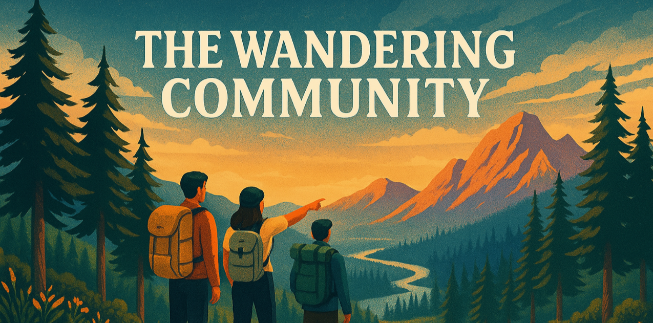 Three people with backpacks standing in a forest with mountains in the background, featuring 'The Wandering Community' text.